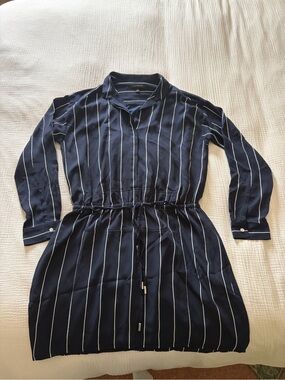 Banana Republic Navy and White Vertical Stripe Long Sleeve Dress